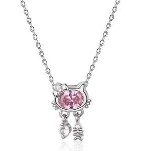 Sanrio Hello Kitty Pendant Necklace Silver Fish Bone w/ Pink & CZ